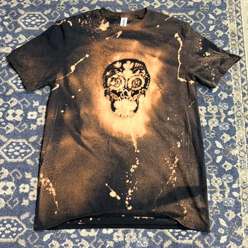 OOAK DIY Bleach Art Sugar Skull Graphic T-Shirt Black Grunge Goth Punk Mens M